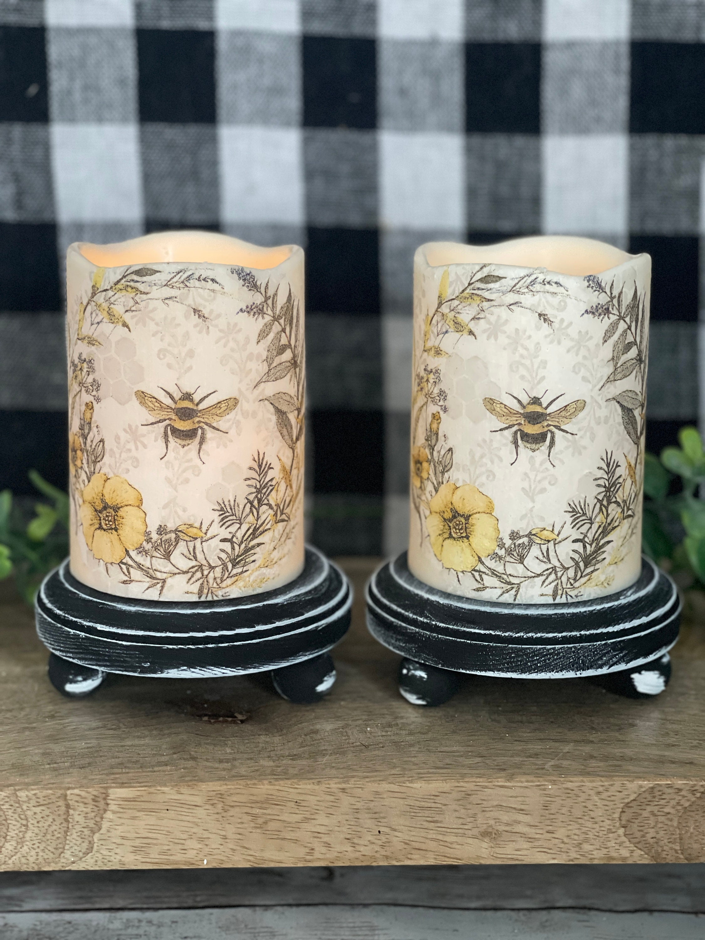 Honey Bee Inspired 4" Flameless Flickering LED Candles  Home Decor Summer Set of TWO or Single