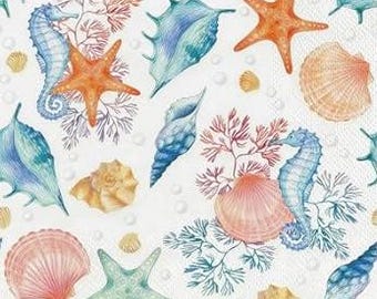 Coastal Beach Napkins, Sea Shells  Seahorse and Coral Designs (Set of 2) Luncheon Size Napkins for Decoupage and Crafting