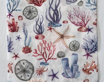 Coastal Beach Cocktail Napkins: Sea Shells, Starfish - Set of 2
