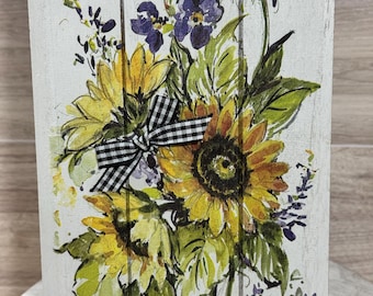 Handmade Decoupaged Summer Sunflower and Lavender  Sitter Sign Rustic Decor