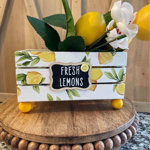 Farmhouse Lemon Decorative Handmade Wood Crate, Cocoa Bars, Coffee Bars, Floral Arrangements Planters