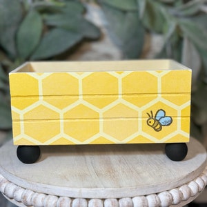 Farmhouse Bee Honeycomb Decorative Handmade Wood Crate, Cocoa Bars, Coffee Bars, Floral Arrangements Planters 5x3" Personalization Available