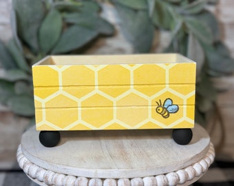 Farmhouse Bee Honeycomb Decorative Handmade Wood Crate, Cocoa Bars, Coffee Bars, Floral Arrangements Planters 5x3" Personalization Available