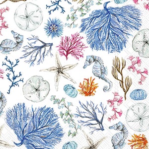 May include: A white background with a repeating pattern of blue, pink, and orange sea life. The pattern includes seahorses, starfish, coral, and seashells.