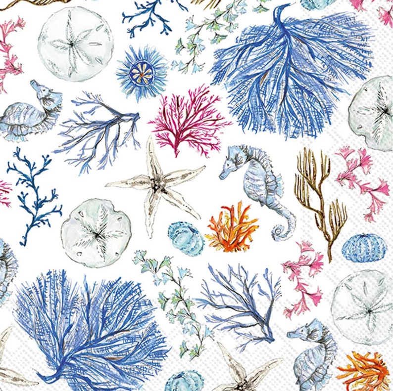 May include: A white background with a repeating pattern of blue, pink, and orange sea life. The pattern includes seahorses, starfish, coral, and seashells.