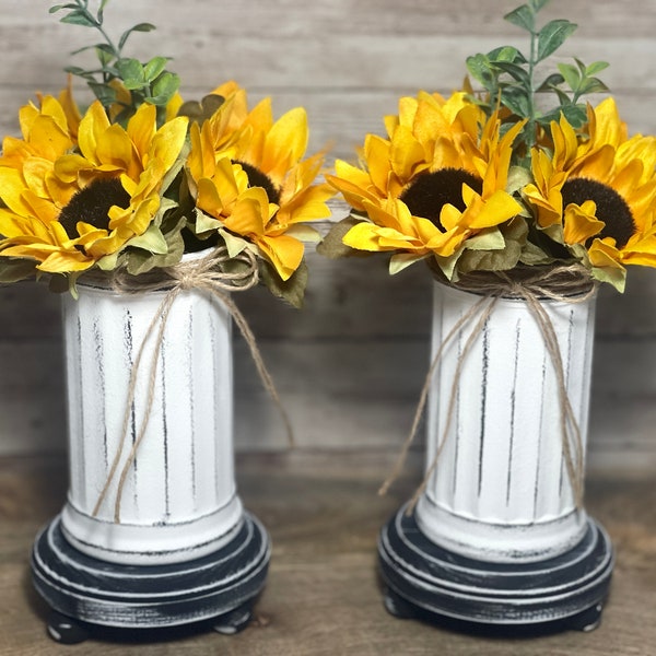 Two Distressed White Black Jute Farmhouse Vases With Sunflower Greenery Faux Flowers Options Available Singles With Risers With Plaque
