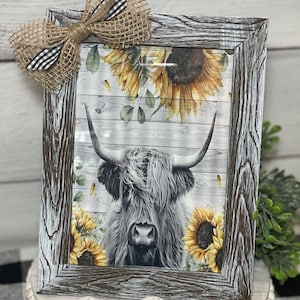 Sunflower Highland Cow Rustic Farmhouse Sign | Farmhouse Decor | Distressed Frame | Farmhouse Kitchen / Bathroom Decor | Tier Tray Plaque