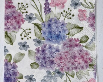 Summer Blue Pink Purple Hydrangeas Decoupage Crafting Napkins ,  Set of 2, Cocktail Napkins