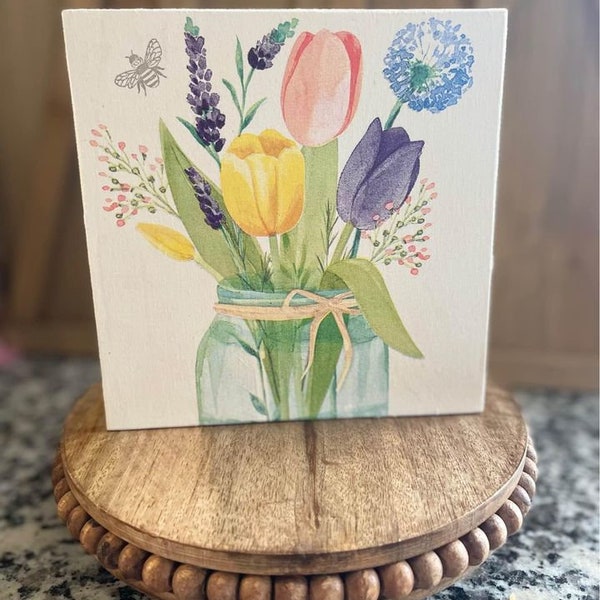 Farmhouse/Easter/Spring/Tulip/Wood/ Tile Plaque/Home Decor