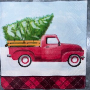 Christmas Red Farm Truck Hauling Christmas Tree, Red/Black Plaid Border Napkins for Crafting,  Set of 2, Cocktail Napkins