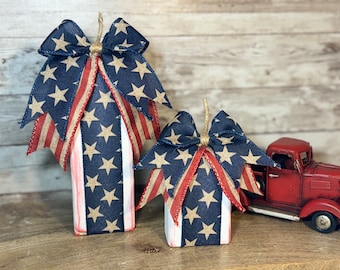 4th of July Wooden Firecracker Bow Blocks, Table Decor, Vintage Decor, Farmhouse Patriotic Decor, Americana Decor, Wood Block Decor