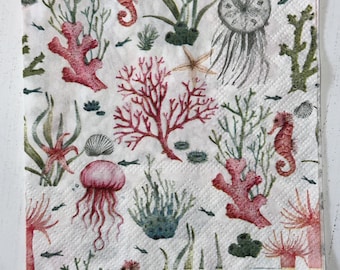 Coastal Beach Cocktail Napkins: Sea Shells, Starfish - Set of 2