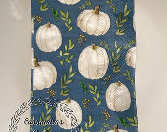 Set of 2 Individual Blue White Pumpkin Decoupage Napkins for Crafting