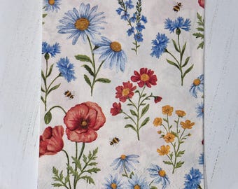 Summer Floral Daisies Red Poppies Cornflowers Zinnias Buttercups and Delphiniums Flowers Decoupage Crafting Napkins,  2 Guest Napkins