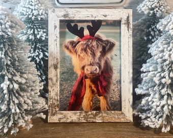 Farmhouse Christmas Deer Highland Cow/ Calf Framed Art / Cow Sign Holiday Decor, Tiered Tray, Highland Cows / 8.5"x6.5