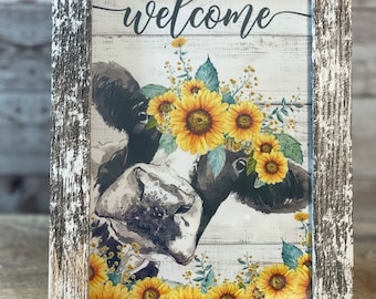 Farmhouse Shiplap  Welcome Black and White Cow Decorated by Sunflowers, Rustic Cow Framed Art/ Farmhouse Decor/ Framed Home Decor