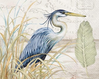 Blue Heron on the Beach  Decoupage Napkins, Summer Napkins,  Set of 2,  cocktail  Size