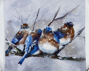 Sweet Little Snowy Perched  Bluebirds  Decoupage Crafting Napkins ,  Set of 2, Lunch  Napkins