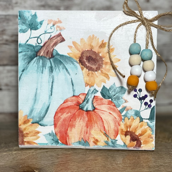 Fall Harvest Teal Orange Beaded Pumpkins and Sunflowers Wood Tile Plaque, Sitter Sign, Fall Decor, Pumpkin Decor