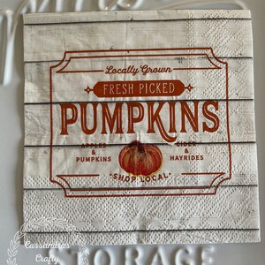 May include: A square paper napkin with a white wood-plank background. The center features a brown-outlined label with the text Locally Grown, FRESH PICKED, PUMPKINS, APPLES & PUMPKINS, CIDER & HAYRIDES, and SHOP LOCAL, plus a small orange pumpkin graphic.