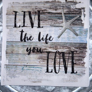 Shiplap Starfish Summer Beach  Live the Life  you Love Decoupage Napkins for Crafting,  Set of 2, Lunch Napkins