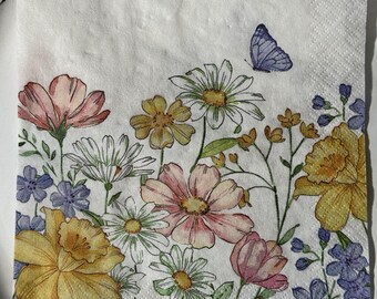 Summer Spring Soft Color Wildflowers and Butterflies Decoupage Napkins for Crafting,  Set of 2, Lunch Napkins