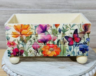 Butterflies and Wildflowers Decorative Wooden Crate, Mini Storage