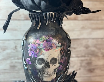 Skull Purple Metallics Halloween Dia De Los Muertos Skull Wreath Jar Vase on  Skeleton Hand Riser, Decoupage Skull, Halloween  Decor,