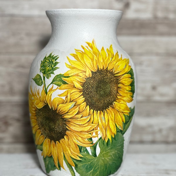 Handmade Sunflower Decoupaged Vase for Floral Arrangements