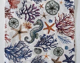 Coastal Beach Cocktail Napkins: Sea Shells, Starfish - Set of 2