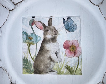Easter Spring Floral Bunny Mixed Media Napkins for Decoupage Crafting