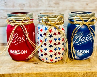 Patriotic 4th of July, Patriotic, Independence Day, Red Stars and Blue  Mason Ball Jar Set, Home Decor, Red White Blue,