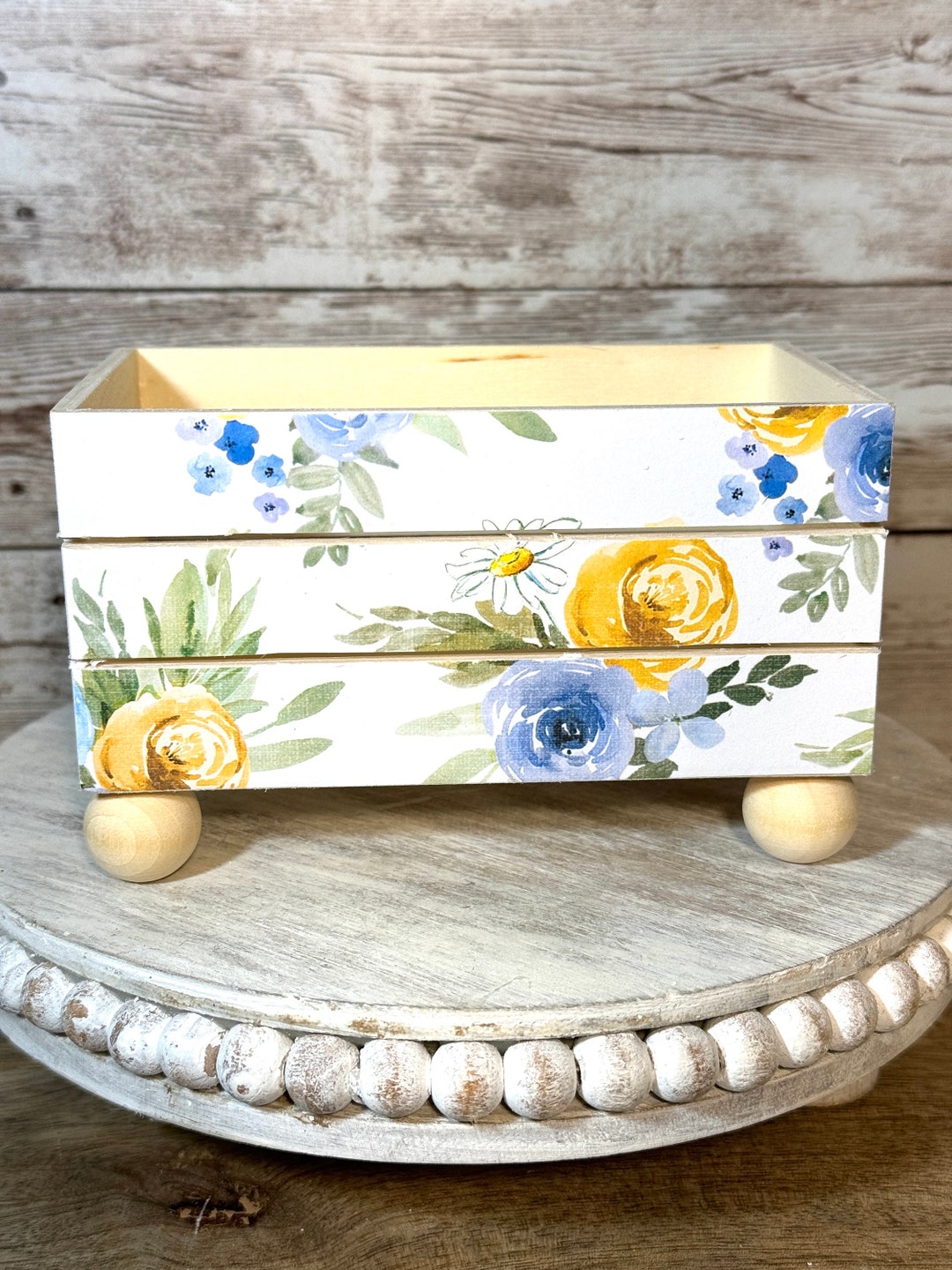 Blue Yellow Floral Handmade Wood Crate Riser Great for Coffee/tea or ...