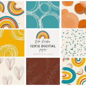 Puede incluir: Nueve patrones de papel digital en un tema de arcoíris boho. Los patrones presentan arcoíris, corazones, círculos, puntos y hojas en una variedad de colores, incluyendo amarillo, naranja, rojo, azul, verde y marrón. El texto "Boho Rainbow 12x12 Digital Papers @KREATBYLEISHXA" está incluido en el centro de la imagen.
