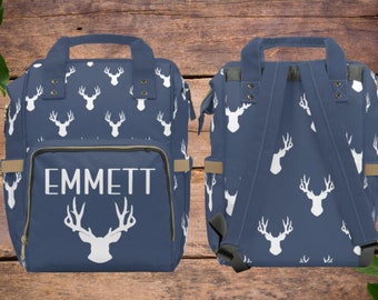 Customizable Deer Antler Diaper Bag Personalized Navy and Tan Hunting Baby Shower Gift Deer Travel Back Pack Country Western Buck Carry On