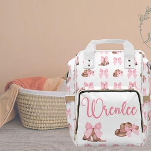 Custom Coquette Cowgirl Diaper Bag, Pink Personalized Boots and Bows Backpack Girly Baby Shower Gift, Country Girl Travel Accessories