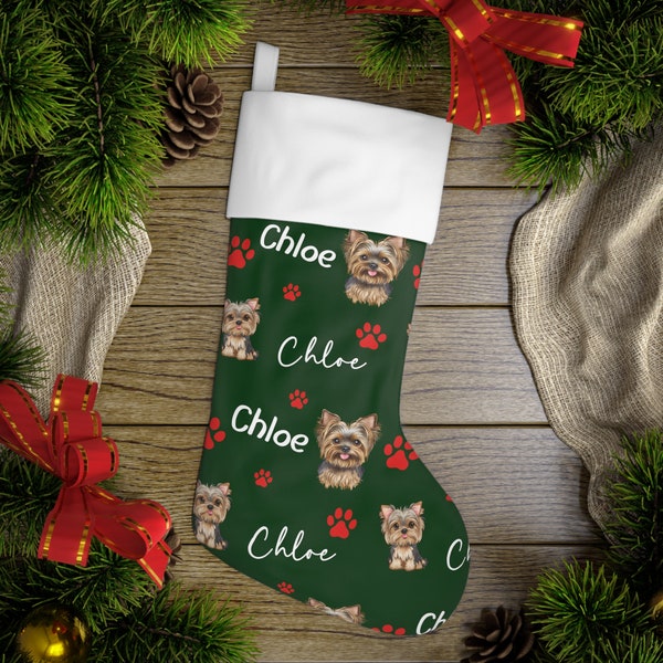 Custom Yorkie Dog Christmas Stocking, Personalized Gift for Yorkshire Terrier Mom, Mama of New Puppy Holiday Keepsake Fireplace Decoration