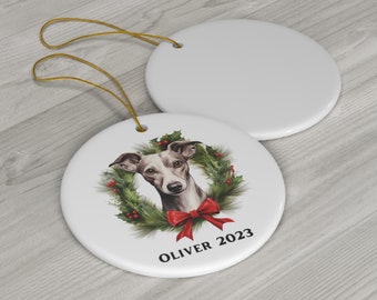 Custom Greyhound Round Ceramic Christmas Ornament, New Puppy Holiday Keepsake, Gift for Dog Mama Personalized Whippet Dad Xmas Ornament Gift