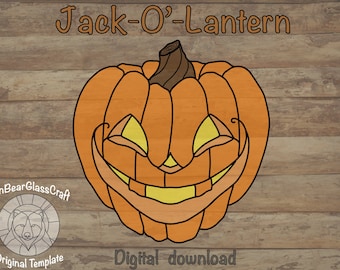 Modèle de vitrail Jack~O'~Lantern - Modèle de citrouille en vitrail - Citrouille - Saison effrayante - Modèle d'Halloween