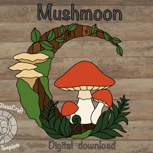 May include: A digital download of a stained glass pattern featuring a crescent moon with mushrooms and leaves. The text "Mushmoon" is at the top of the image. The text "Digital download" is at the bottom of the image.