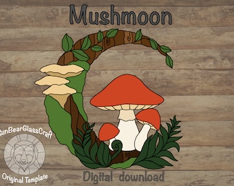 Mushmoon Stained Glass Pattern - Stained Glass Mushroom Pattern - Stained Glass Moon Pattern - Stained Glass Template - Cottagecore