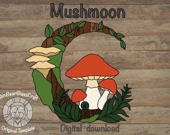 Mushmoon Stained Glass Pattern - Stained Glass Mushroom Pattern - Stained Glass Moon Pattern - Stained Glass Template - Cottagecore