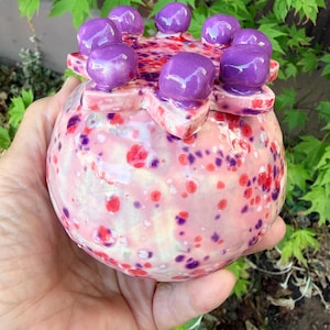 Peut inclure: Un pot en céramique rond avec une finition brillante, présentant une base rose clair parsemée de points rouges et violets vifs. Le couvercle est surmonté d'un élément décoratif en forme d'étoile orné de sept sphères violettes lisses.