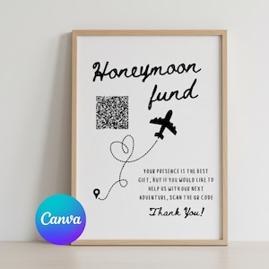 Może przedstawiać: Oprawiony znak z czarnym tekstem i grafiką na białym tle. Napisano na nim Honeymoon fund, zawiera kod QR, ikonę małego samolotu z przerywaną linią lotu oraz tekst: Your presence is the best gift, but if you would like to help us with our next adventure, scan the QR code. Thank You!