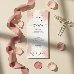 Peut inclure: Un menu de mariage avec un design aquarelle rose, avec les noms "S et J" et le mot "menu". Le menu répertorie les options d'entrée, de plat principal et de dessert. Un ruban rose, des pétales de rose, une épingle à cheveux et un sceau de cire sont également présents.