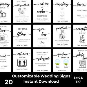 May include: A collection of twenty white rectangular wedding signs featuring black text and minimalist line art illustrations. Each sign includes customizable names and dates, covering various event stations like guestbooks, bars, and photo booths.