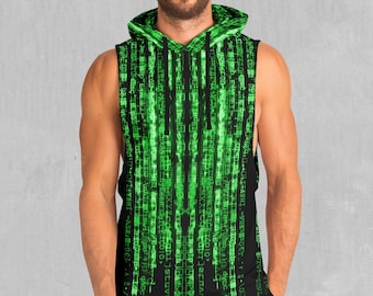 May include: A sleeveless hoodie with a black background and a green digital code pattern. The hoodie has a hood with a drawstring.