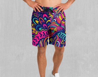 Psychotropic Polyester Relaxed Mens Gym Festival Drawstring Shorts With Pockets Designs and Patterns