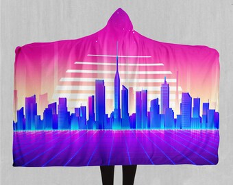 Cyber City Vaporwave Sherpa Hooded Deken