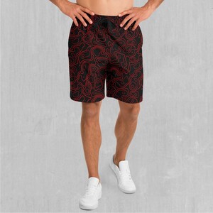 Rote Typografische Polyester Entspannte Herren Gym Festival Kordelzug Shorts mit Taschen Designs und Muster